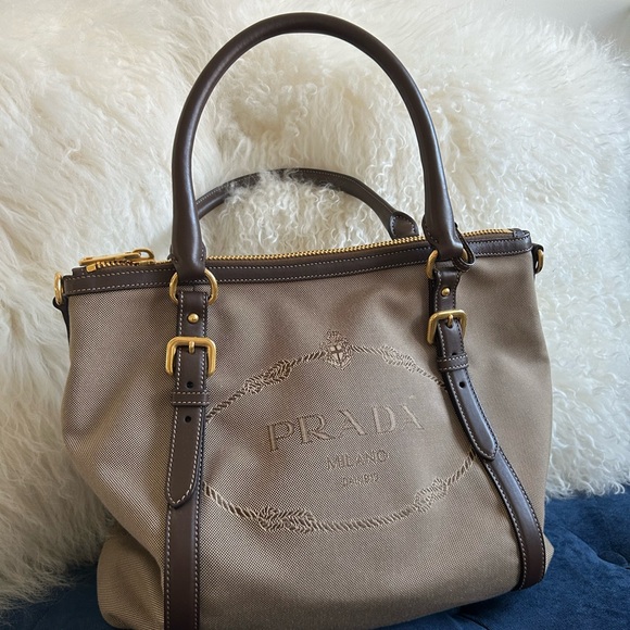 Prada Handbags - PRADA Jacquard Logo Tote Corda Bruciato
